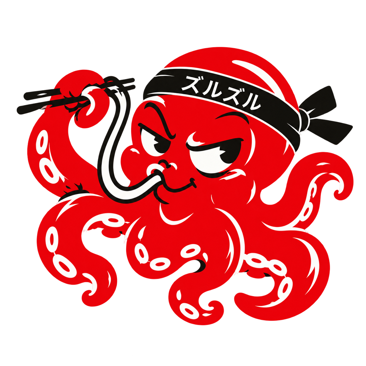 Slurp House’s red octopus mascot slurping a noodle