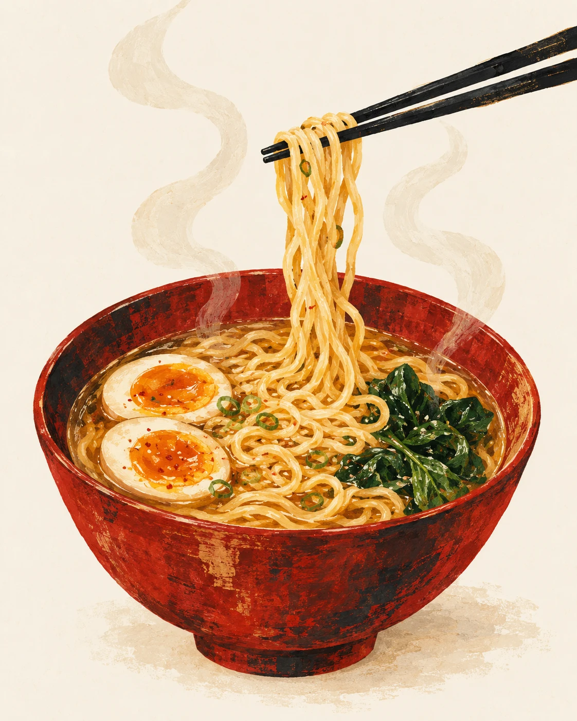 Original painted illustration of a red ramen bowl with noodles, egg and greens